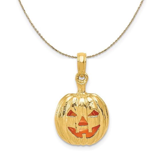 14k Yellow Gold and Enameled 3D Pumpkin Necklace - 16 Inch